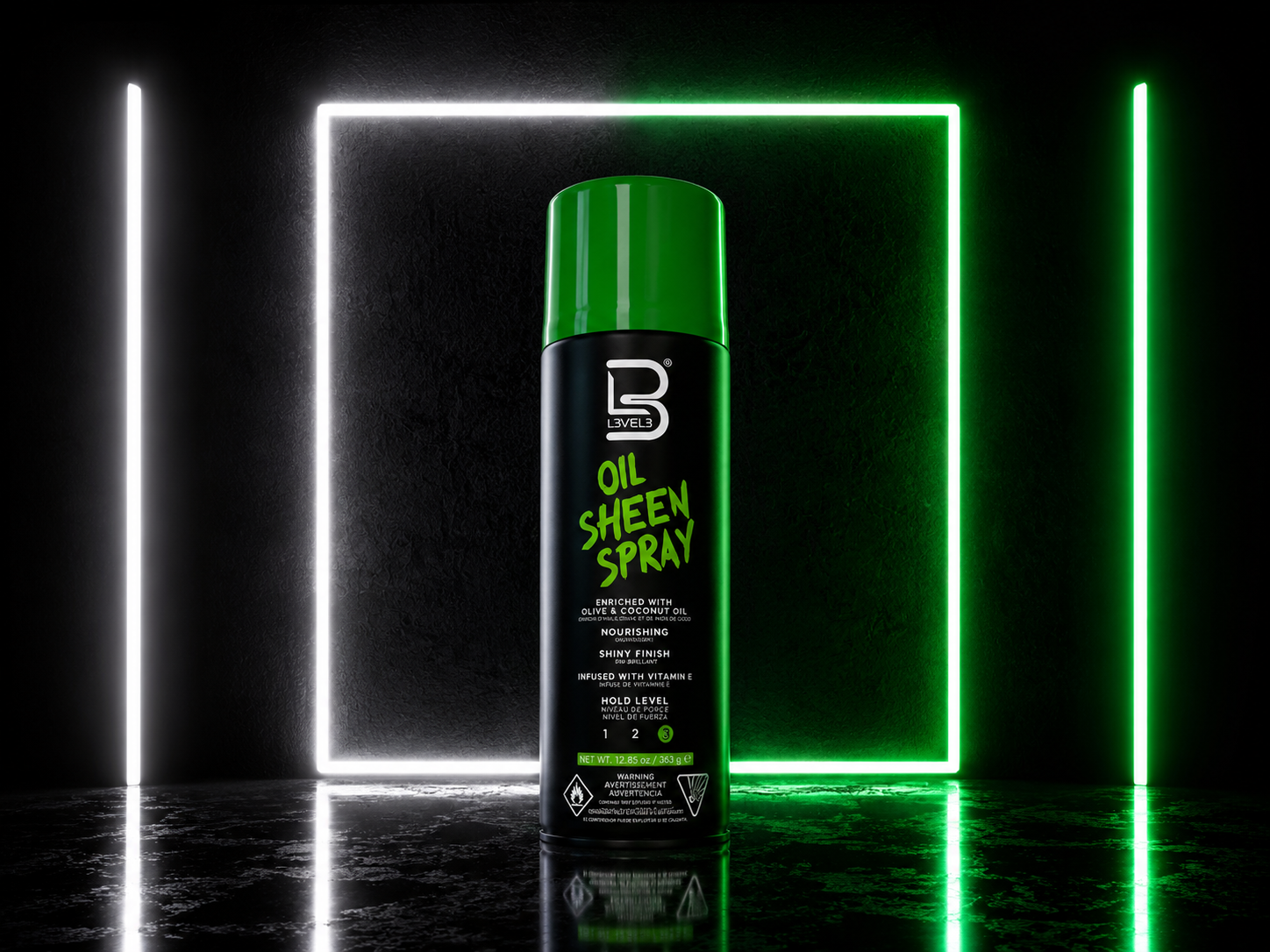 L3VEL3 Oil Sheen Spray 383gr: Brillo intenso, nutrición y suavidad para un cabello saludable